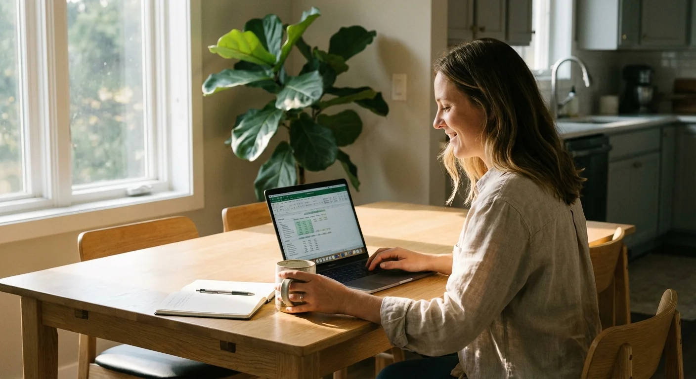A person using a laptop at a clean wooden table in a bright room, representing financial planning.