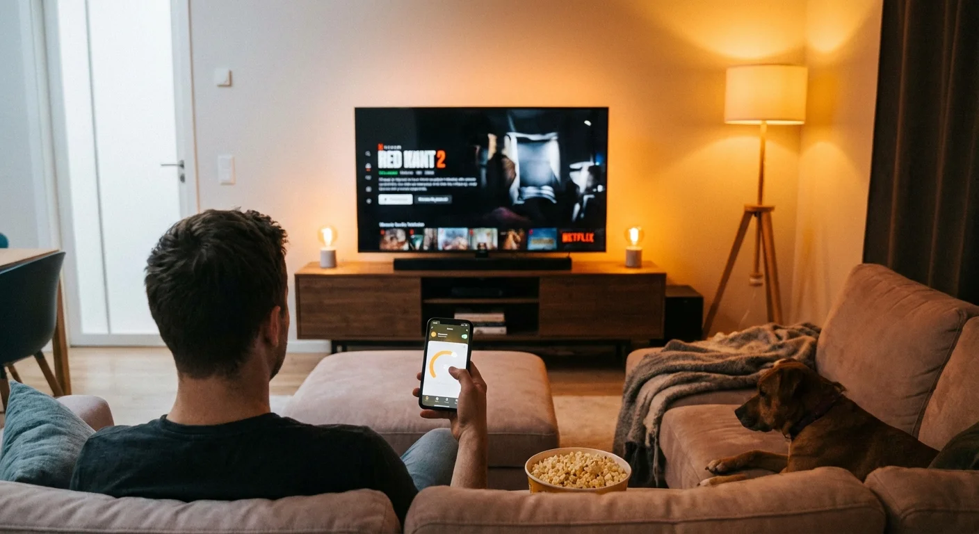 A person using a phone app to control the dimness of warm living room lights.