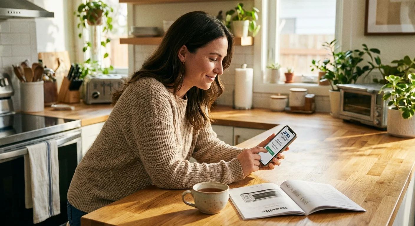 A person using a phone in a kitchen, looking relaxed.