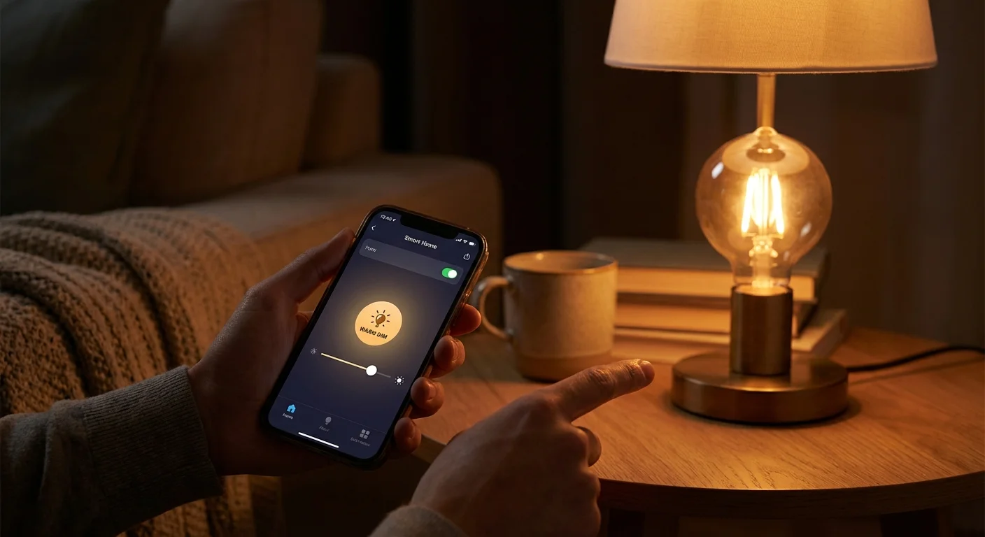 A person using a smartphone app to adjust the brightness of a warm table lamp.