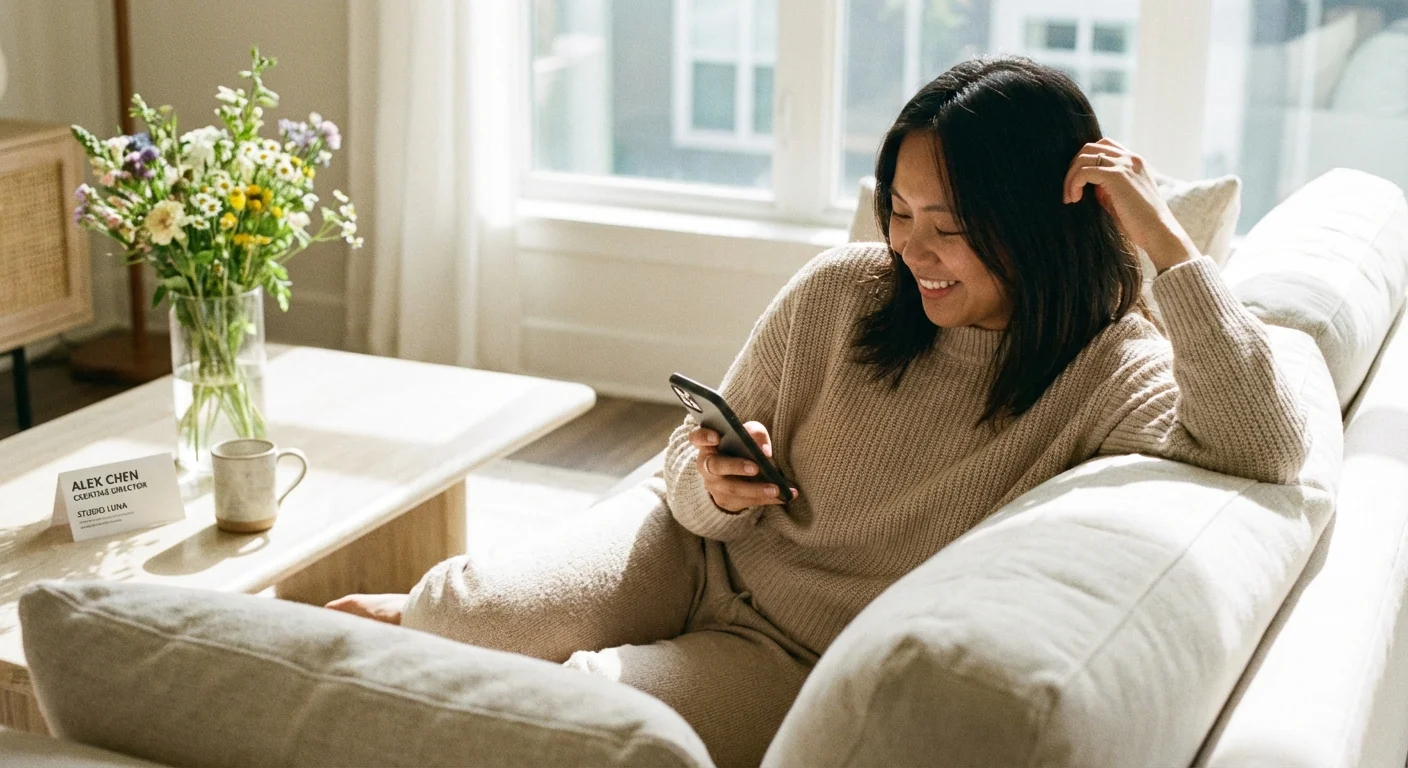 A person using a smartphone in a bright, cozy living room to contact a professional.