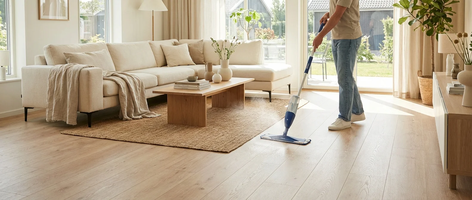 A person using a spray mop on light-colored laminate flooring in a modern living room.