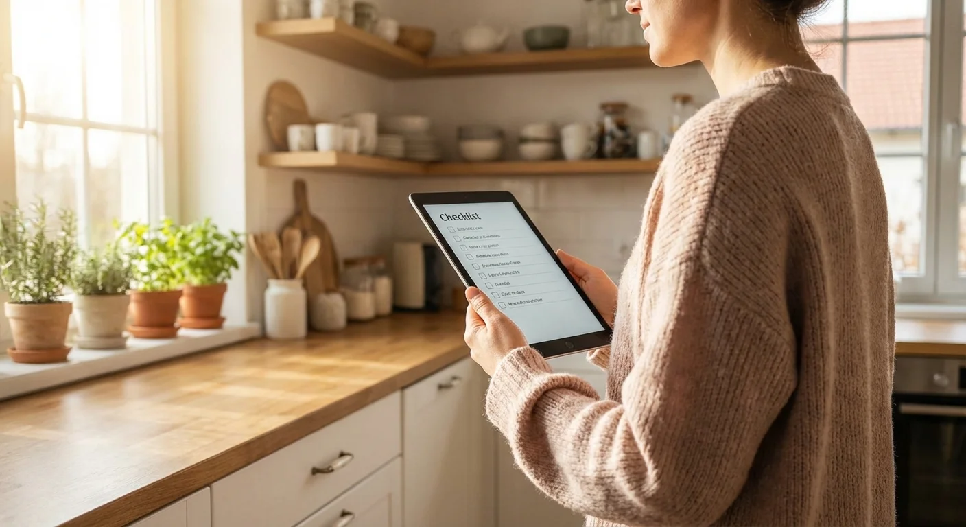 A person using a tablet in a bright, clean kitchen to research home improvements.