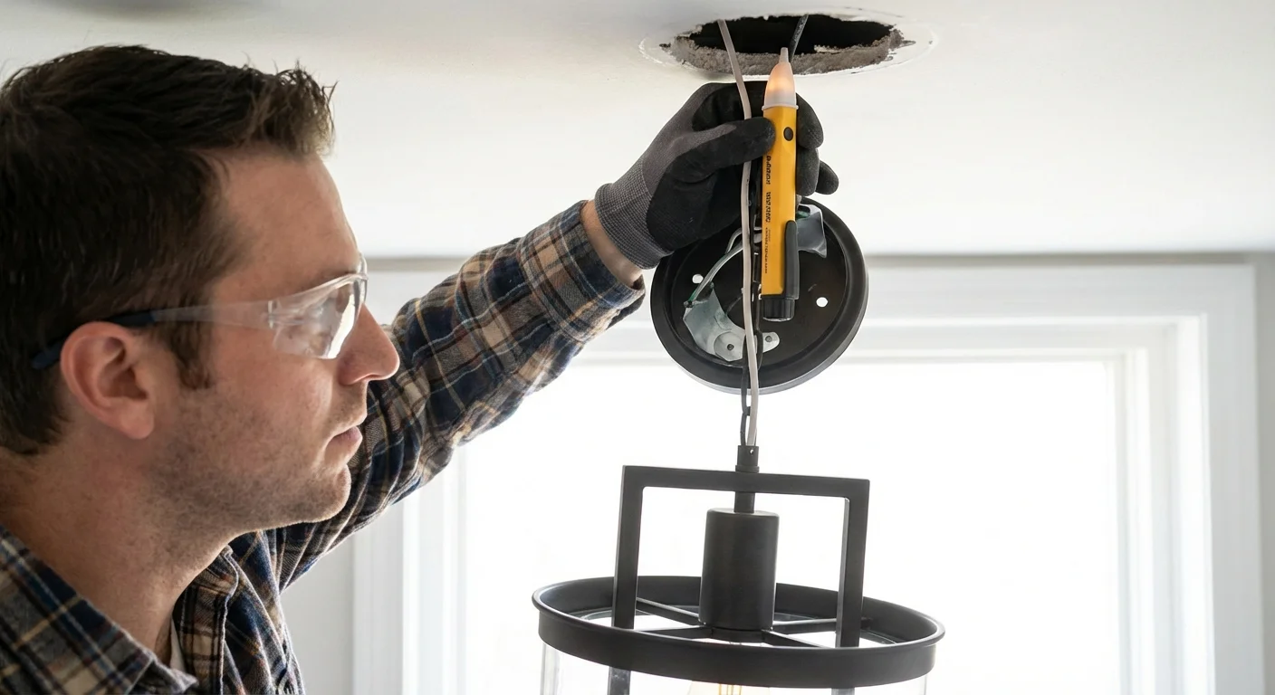 A person using a voltage tester tool to safely check wires before a DIY light installation.