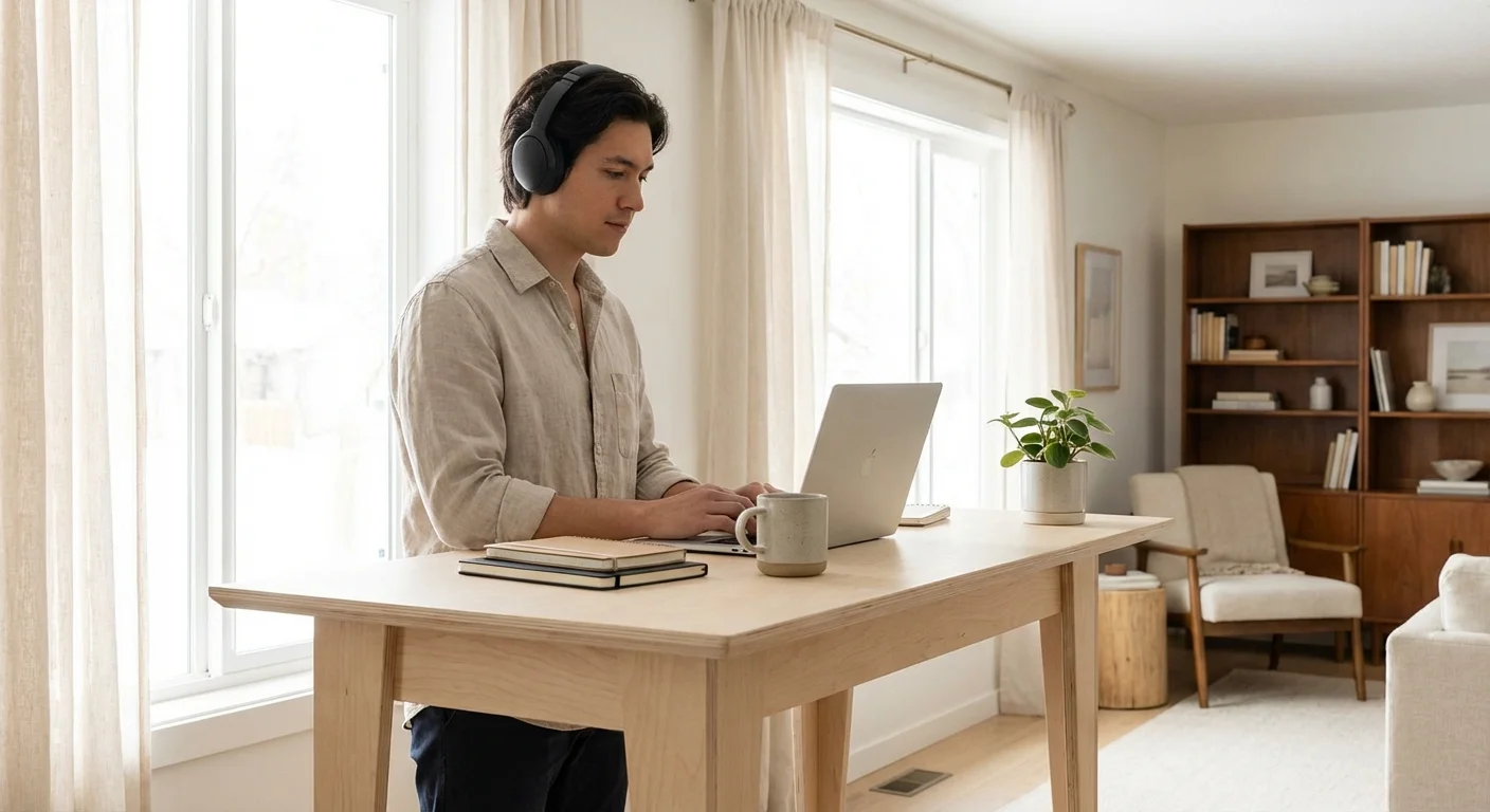 A person using an adjustable standing desk with a clean, organized setup.