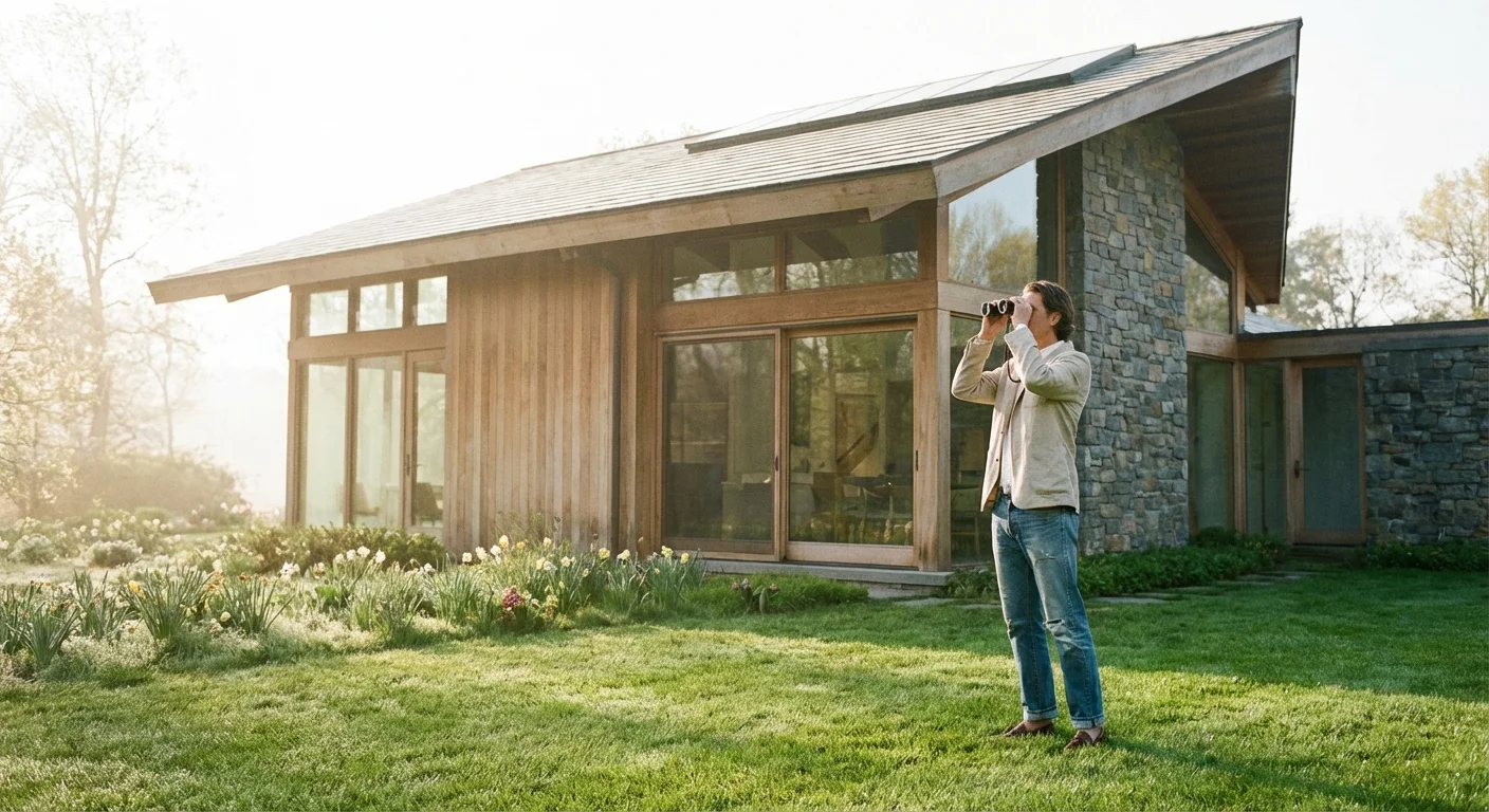 A person using binoculars to inspect a house roof from the ground.