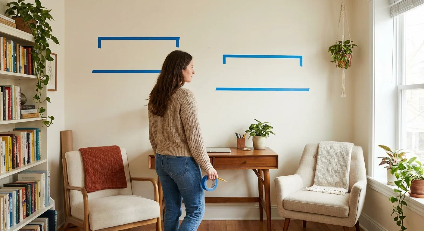 A person using blue tape to plan shelf placement on a living room wall.