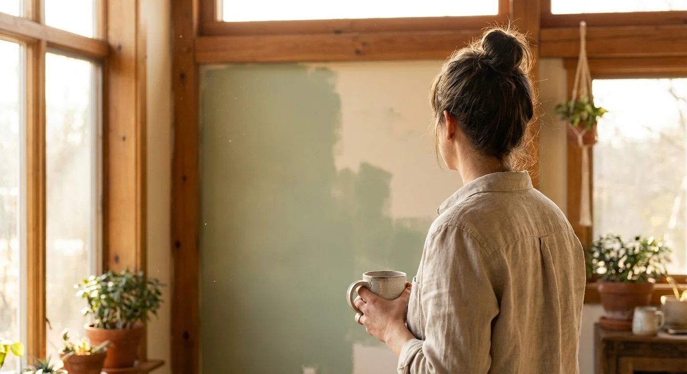 A person waiting for paint to dry in a bright, cozy room.