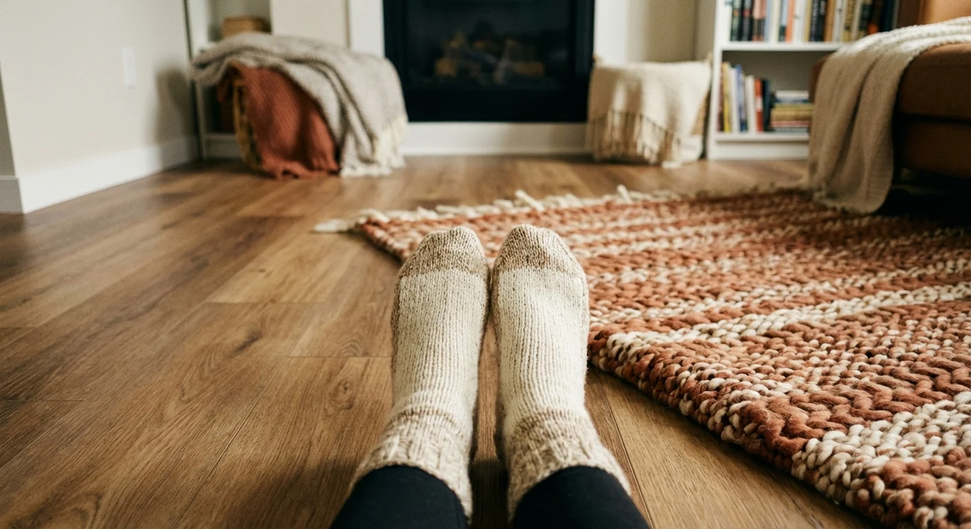 A person's feet in wool socks on a light wood-look floor in a basement, showing comfort and style.