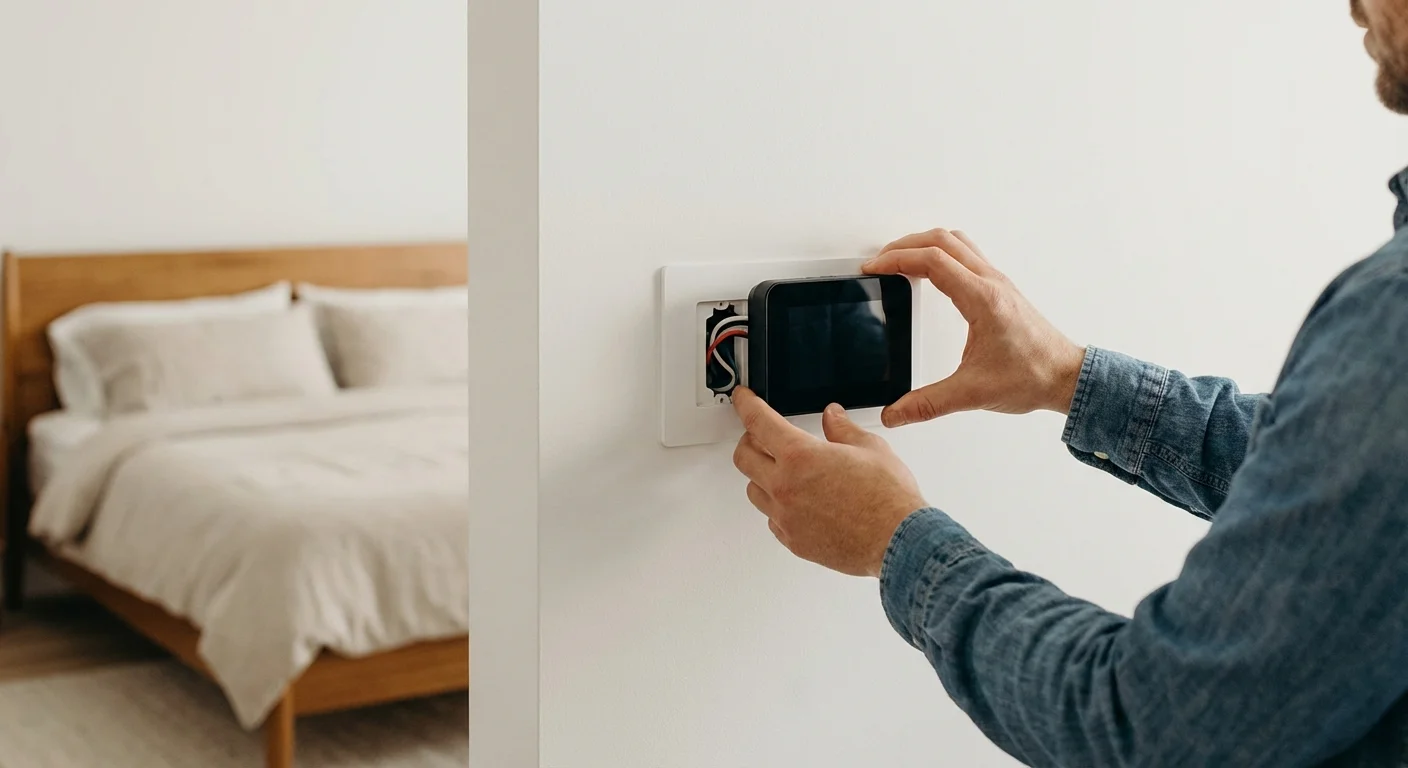 A person's hands installing a smart thermostat on a clean white wall.