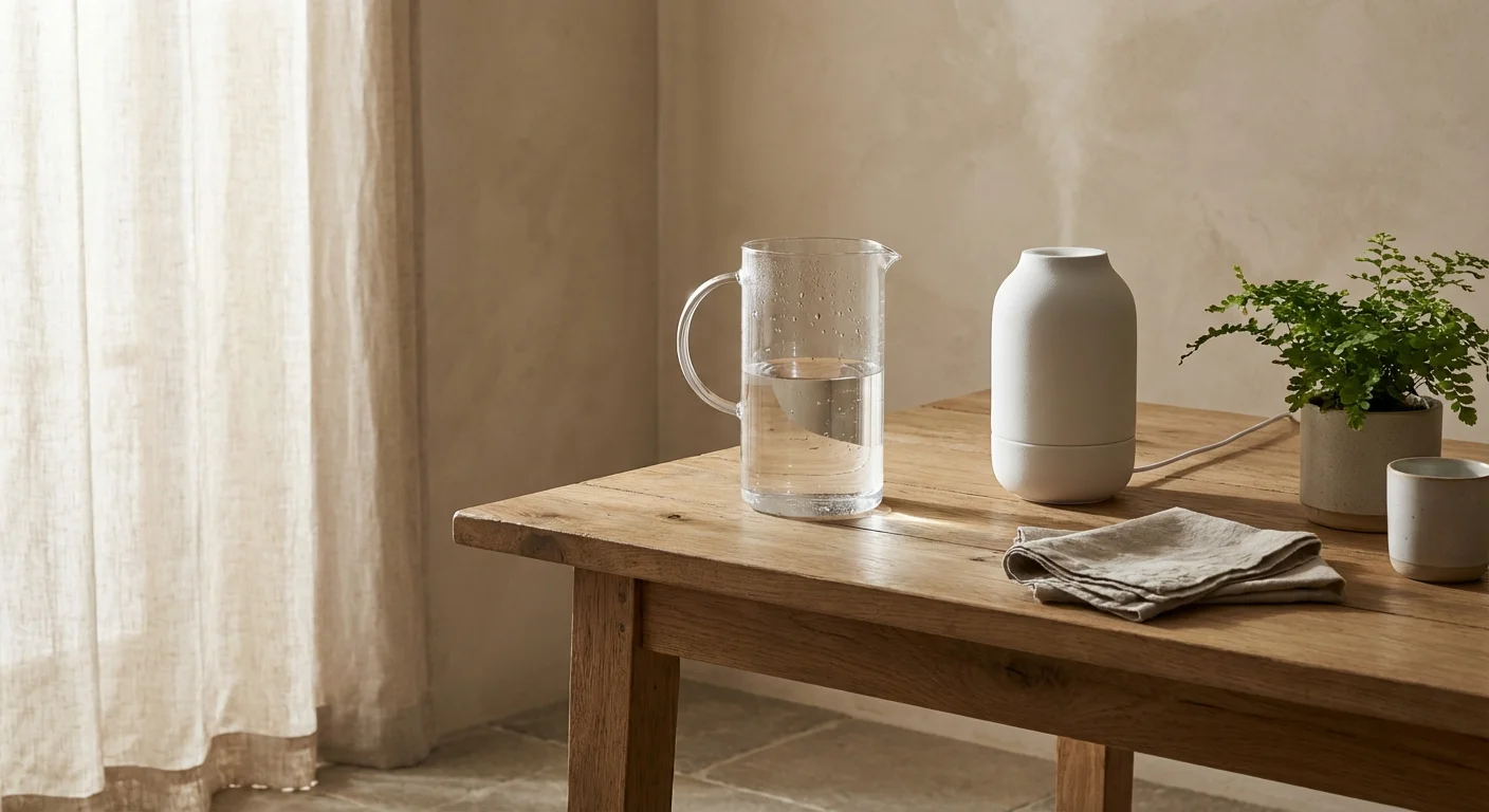 A pitcher of clear water next to a humidifier on a table, symbolizing water quality.