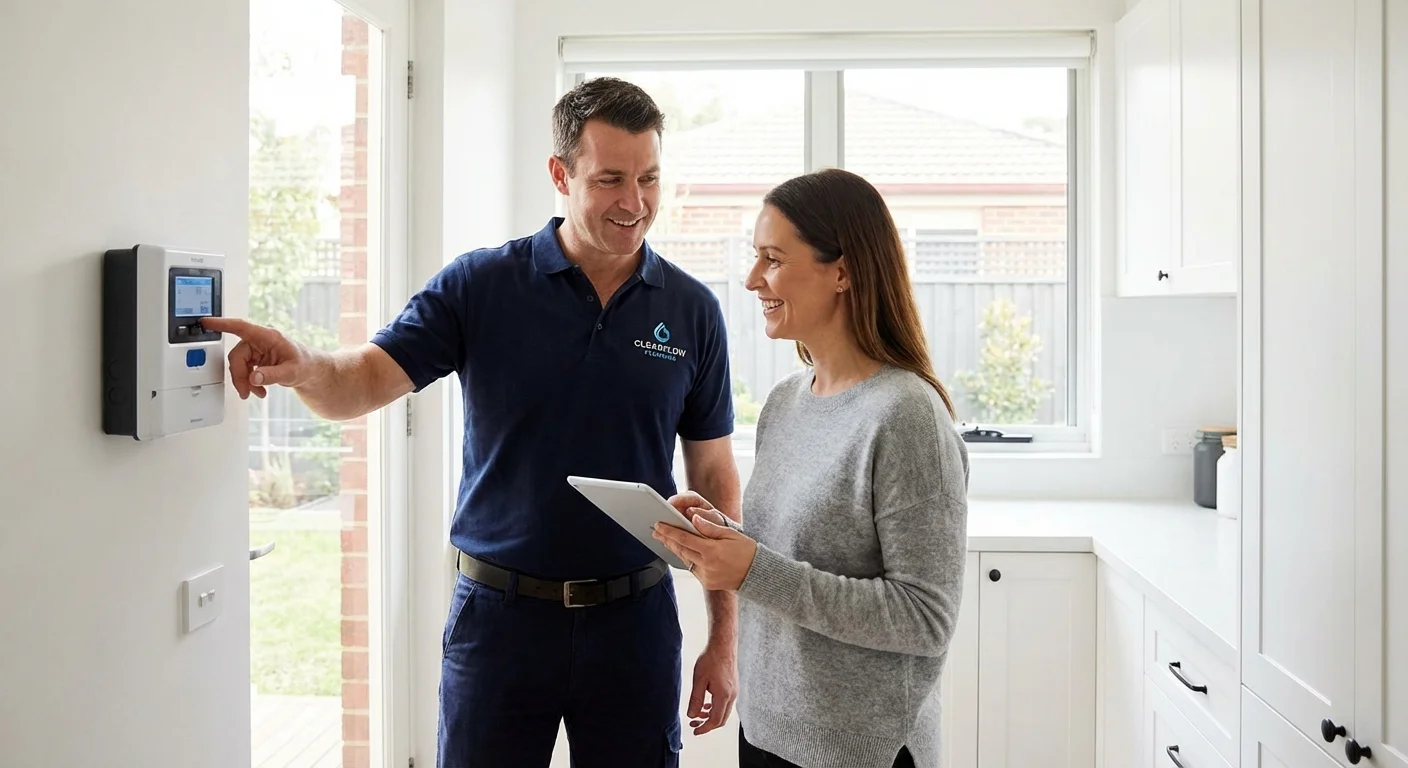 A plumber and homeowner discussing a smart water meter in a utility room.