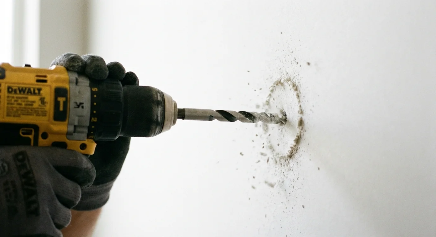 A power drill making a small hole in a wall for a shelf anchor.