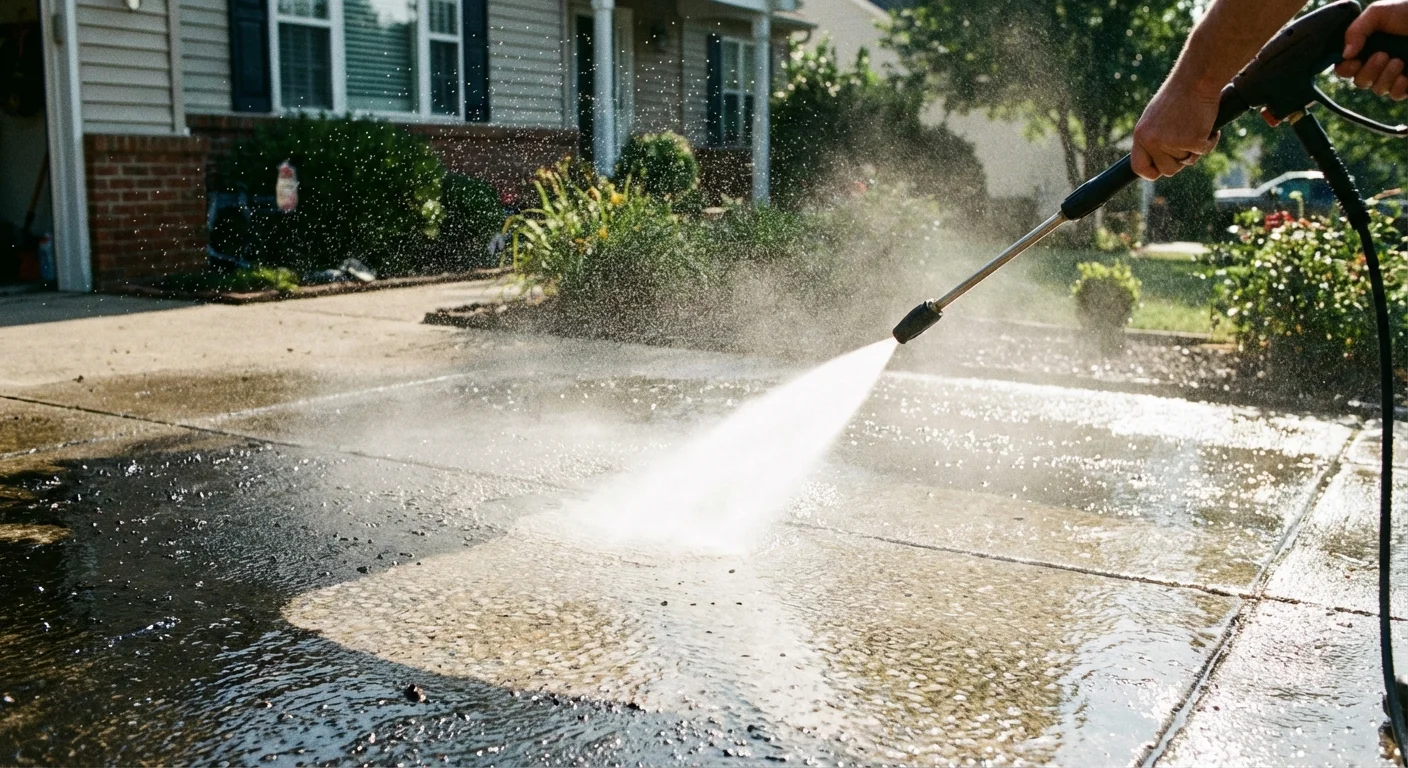 A power washer cleaning a dirty concrete driveway.