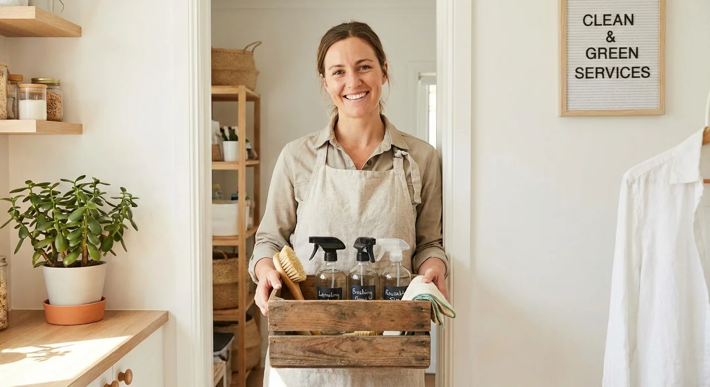 A professional cleaner with a crate of natural supplies.