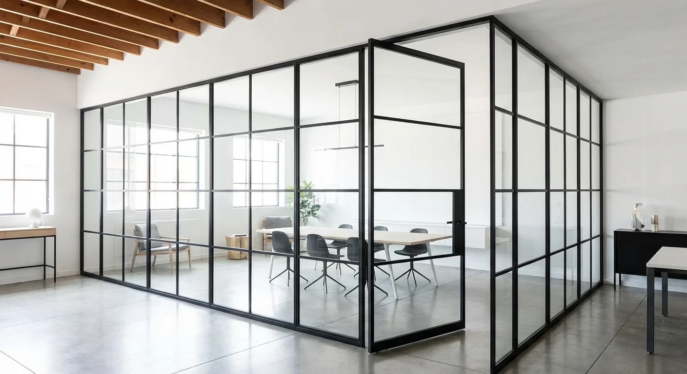 A professional glass and steel partition wall dividing a modern studio apartment.