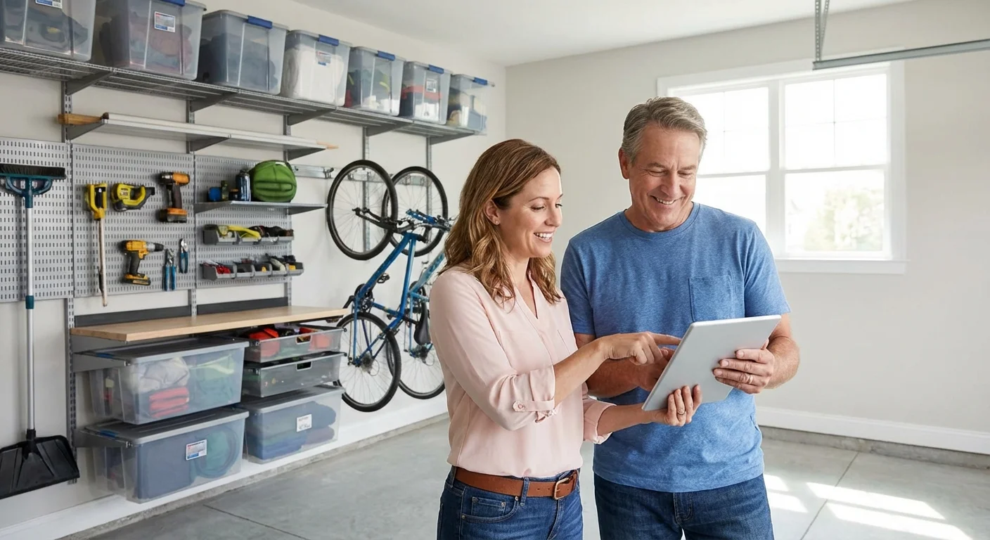 A professional organizer and homeowner reviewing garage plans on a tablet.