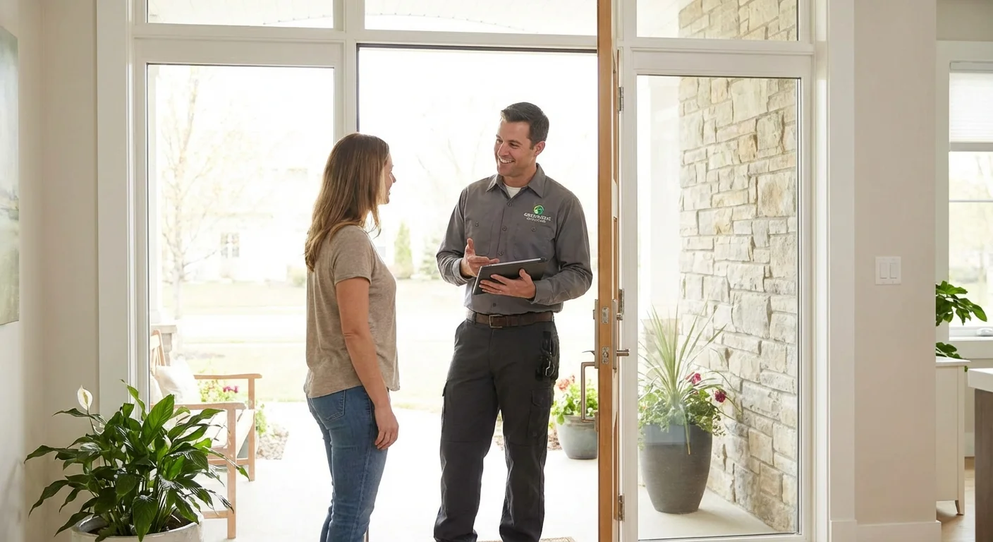 A professional service technician talking to a homeowner at their front door.