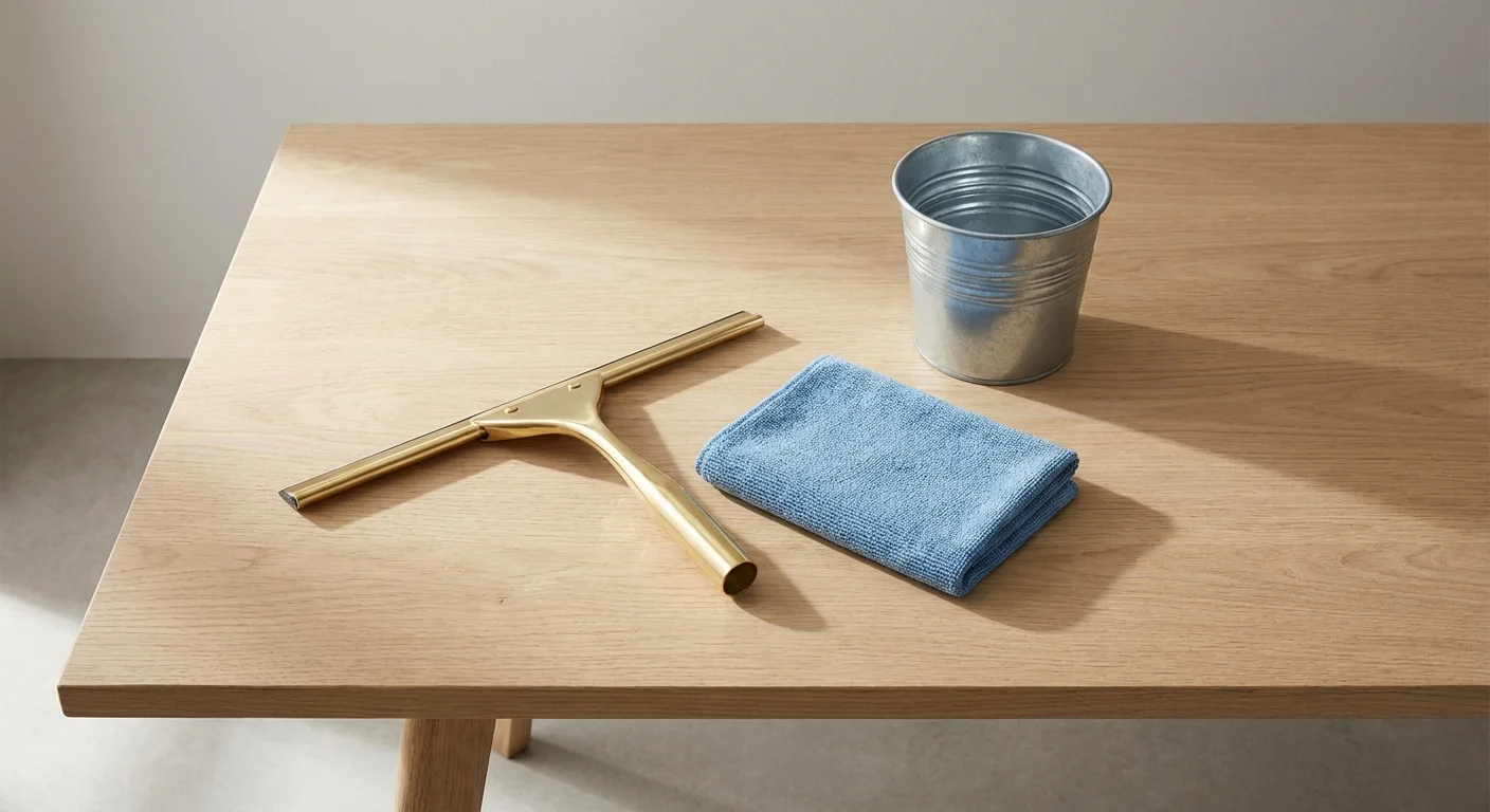 A professional squeegee and microfiber cloth arranged neatly on a wooden surface.