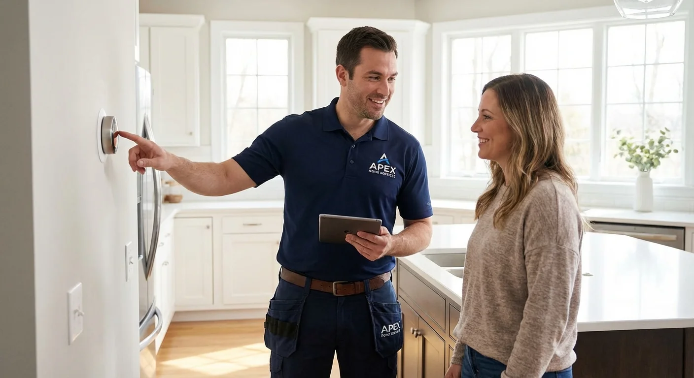 A professional technician talking to a homeowner in a bright, clean kitchen.