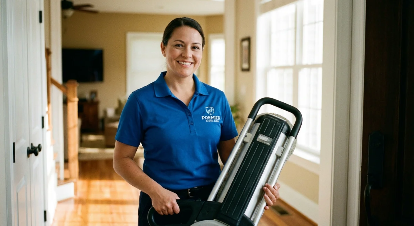 A professional tile cleaner with specialized equipment standing in a home.