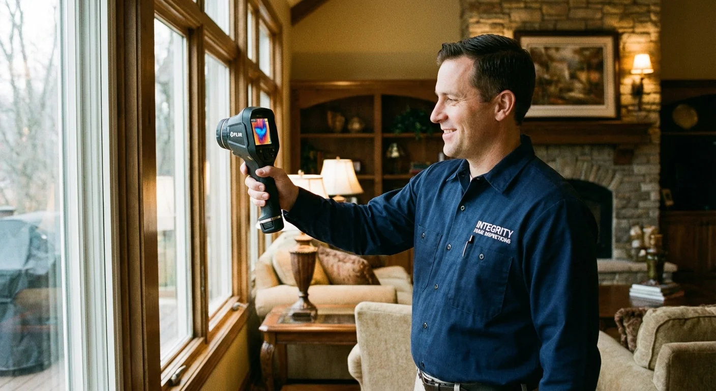 A professional using a thermal camera to inspect a window for heat loss.