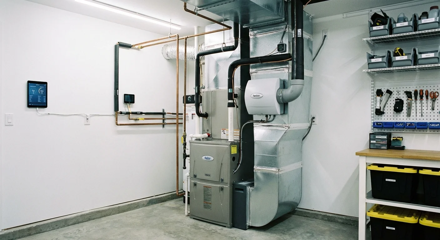 A professional whole-house humidifier installed on a modern HVAC furnace in a clean utility room.