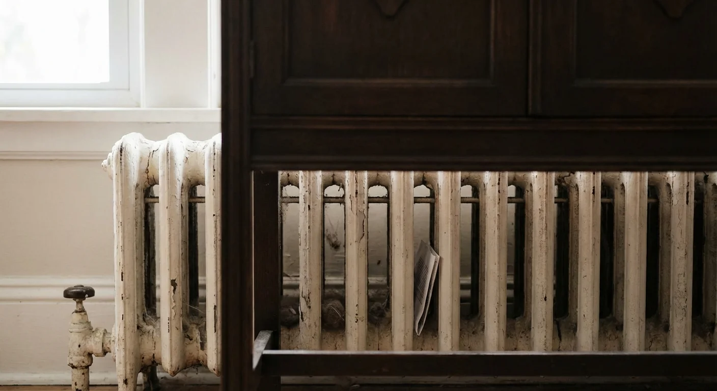 A radiator blocked by a sofa, demonstrating a common mistake in home heating efficiency.