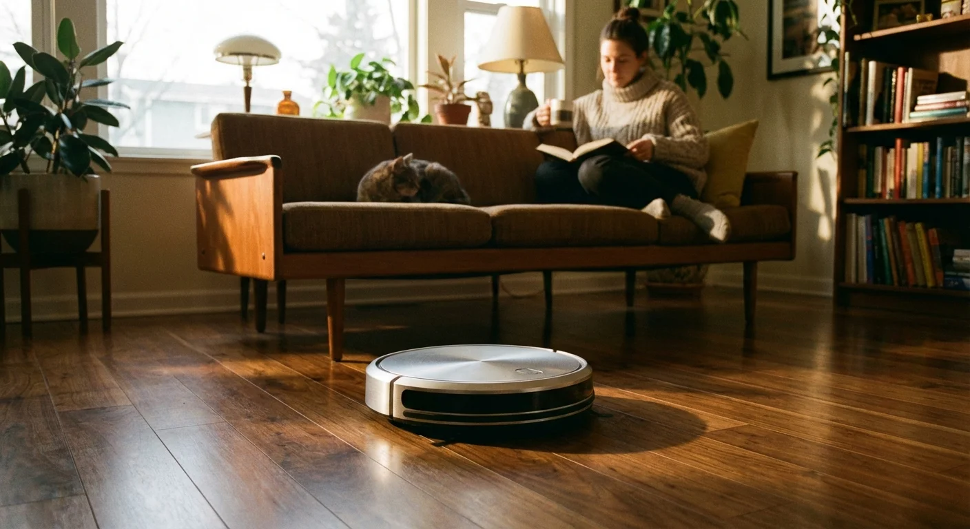 A robot vacuum cleaner working autonomously on a hardwood floor while someone relaxes nearby.