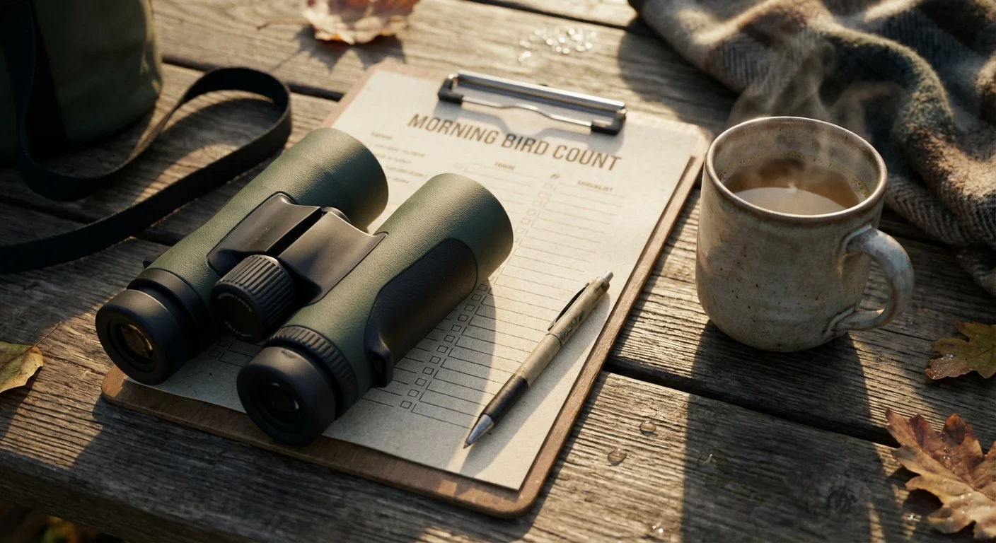 A roof inspection kit featuring binoculars, a checklist, and coffee on a wooden table.