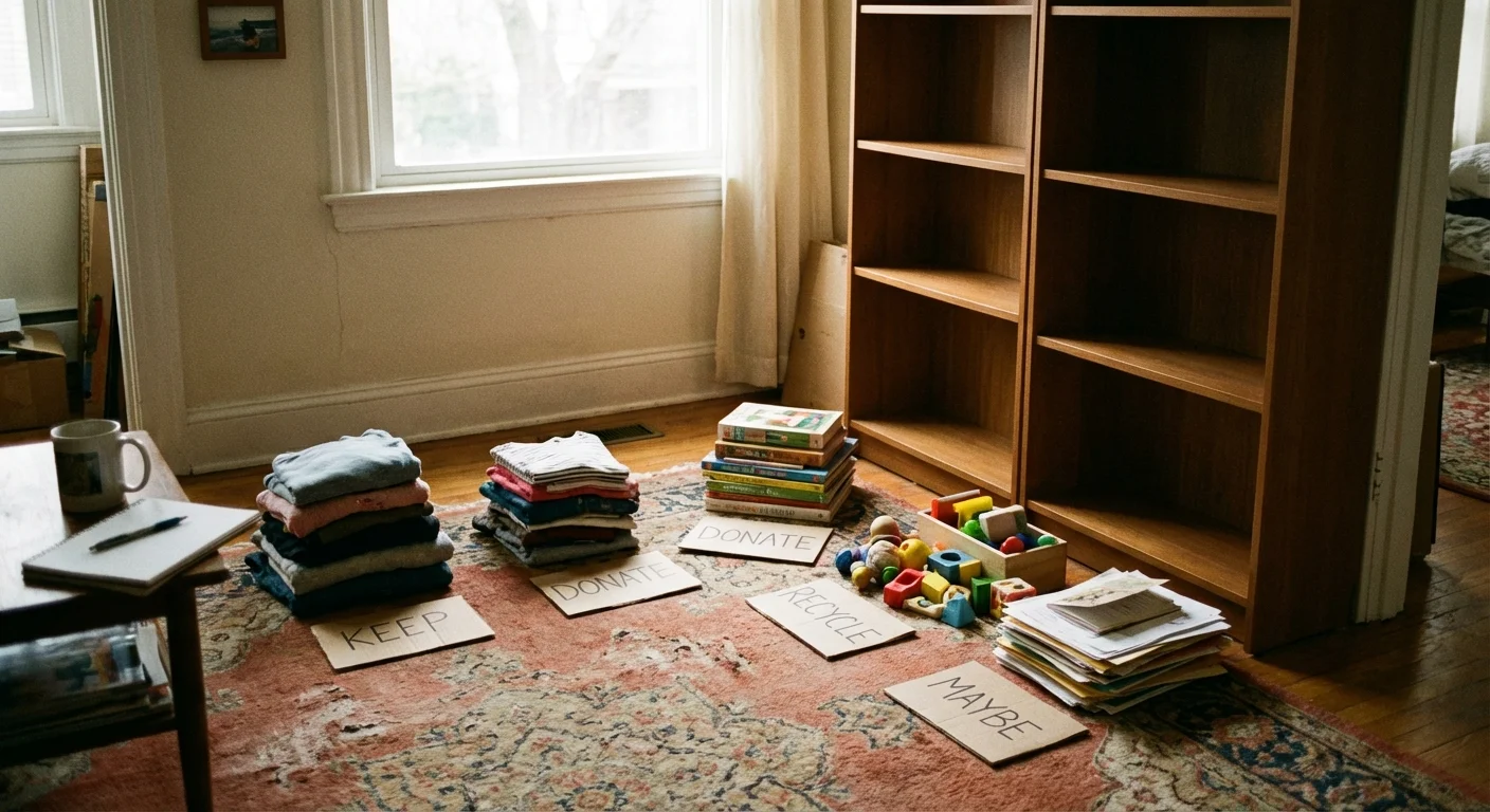 A room in the middle of being organized with neat piles on a rug.
