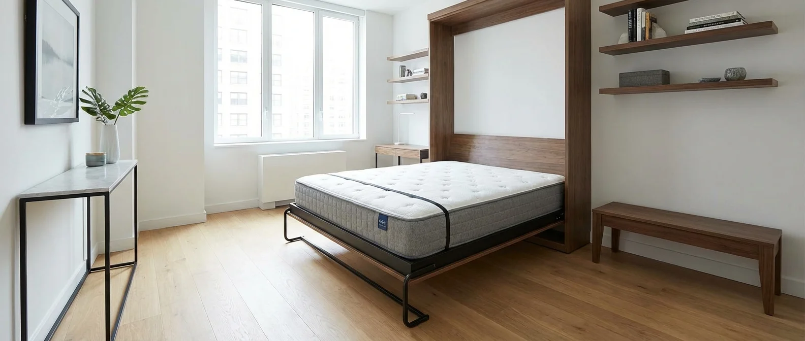 A room layout showing ample clearance and walking space around an unfolded wall bed.