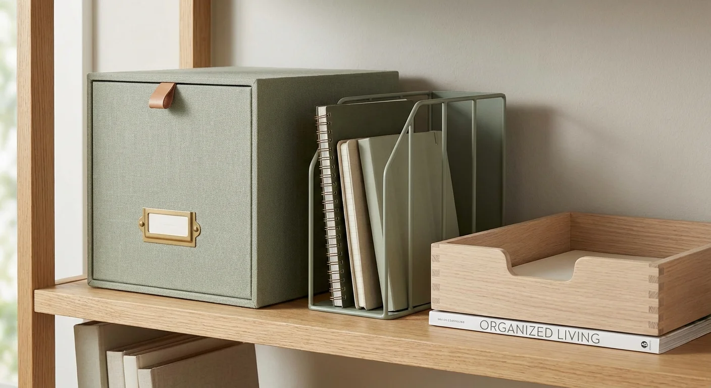 A selection of stylish linen and wooden filing boxes and trays on a shelf.