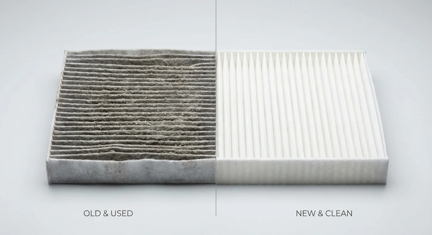 A side-by-side comparison of a dirty air filter and a clean air filter.