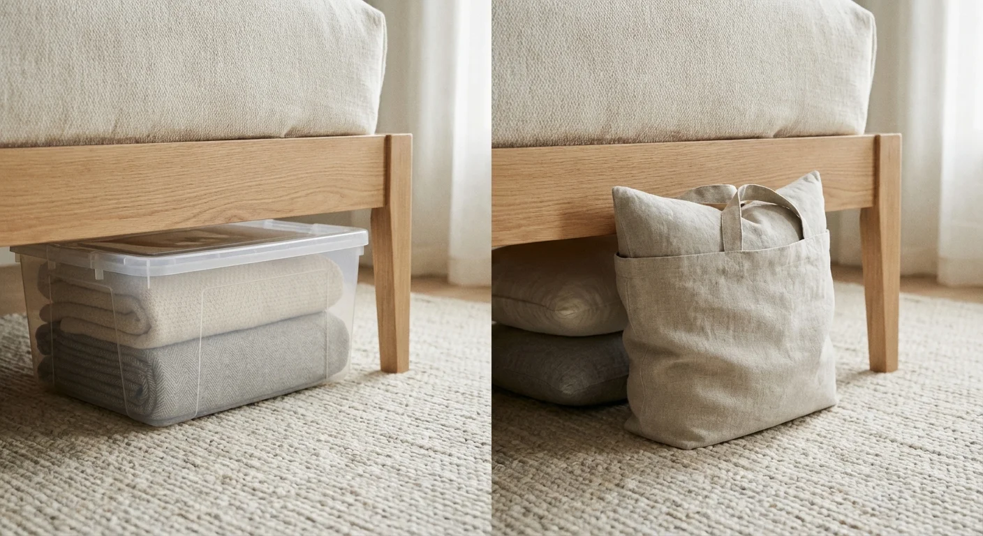 A side-by-side comparison of a plastic storage bin and a fabric storage bag under a bed.