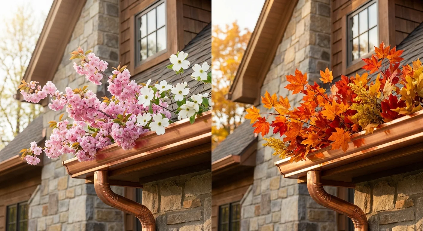 A side-by-side comparison of gutters during spring and autumn seasons.