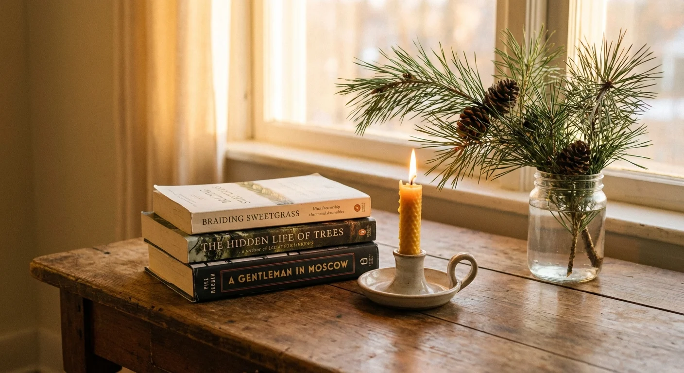 A simple arrangement of books, a candle, and a green branch on a table.