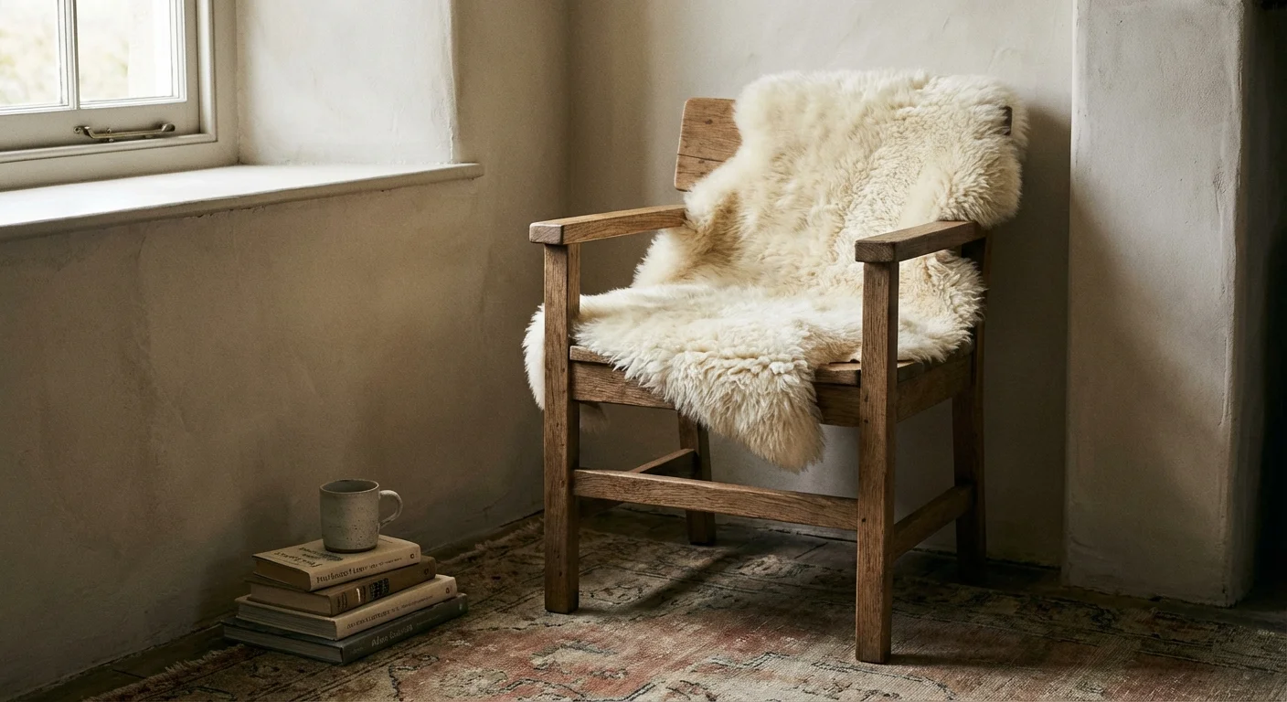 A simple wooden chair with a soft sheepskin rug in a quiet, intimate corner.