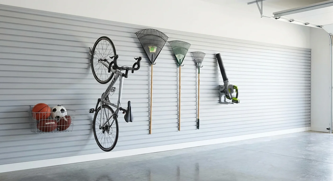 A slatwall system with various tools and a bicycle hung neatly on a garage wall.