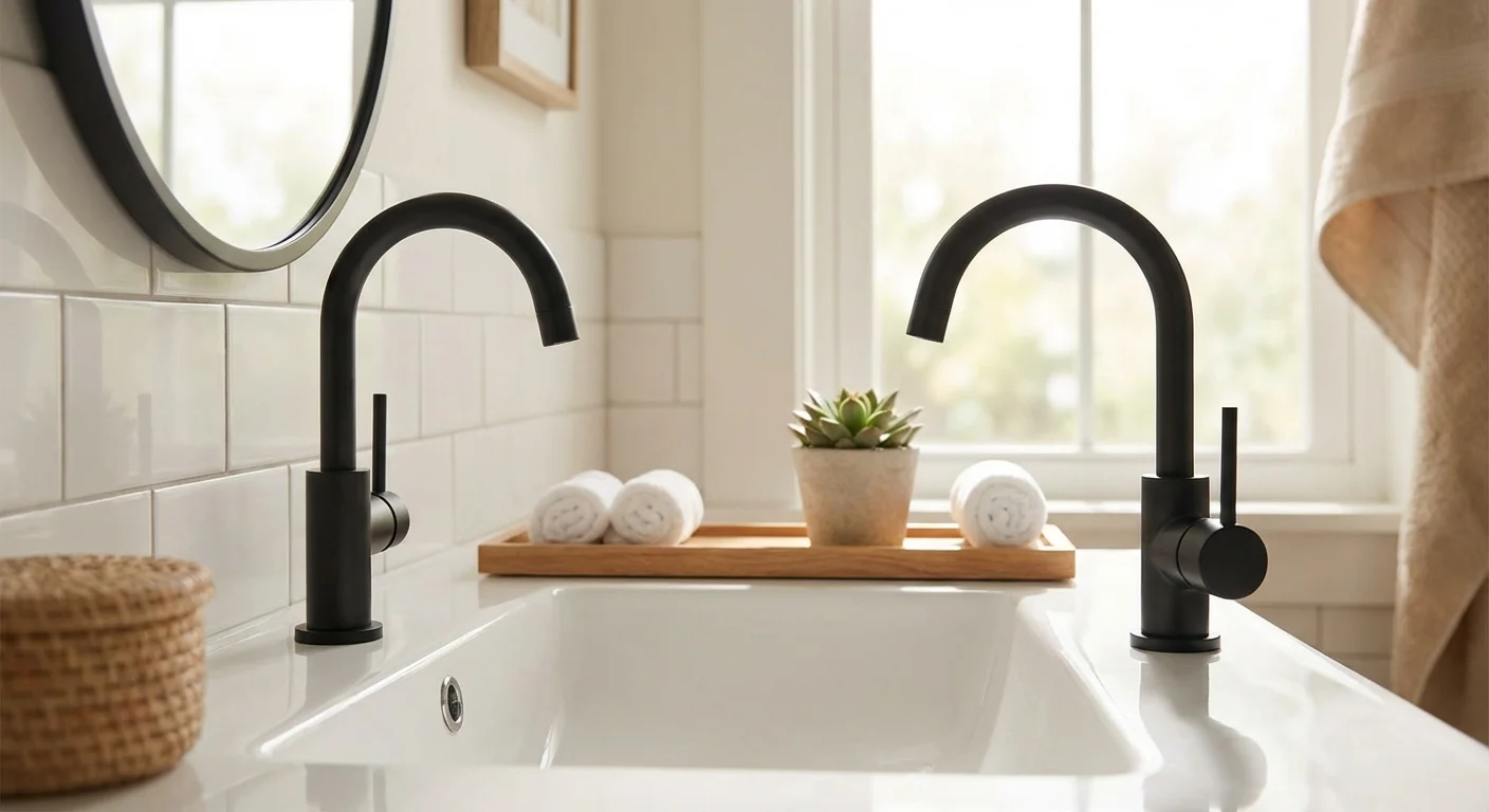A sleek black faucet and minimalist decor on a clean white bathroom vanity.