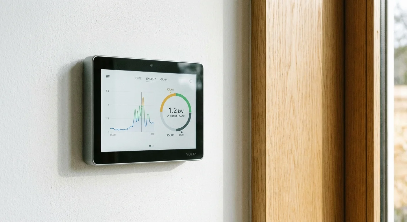 A sleek smart home energy monitoring display on a wall showing electricity usage.