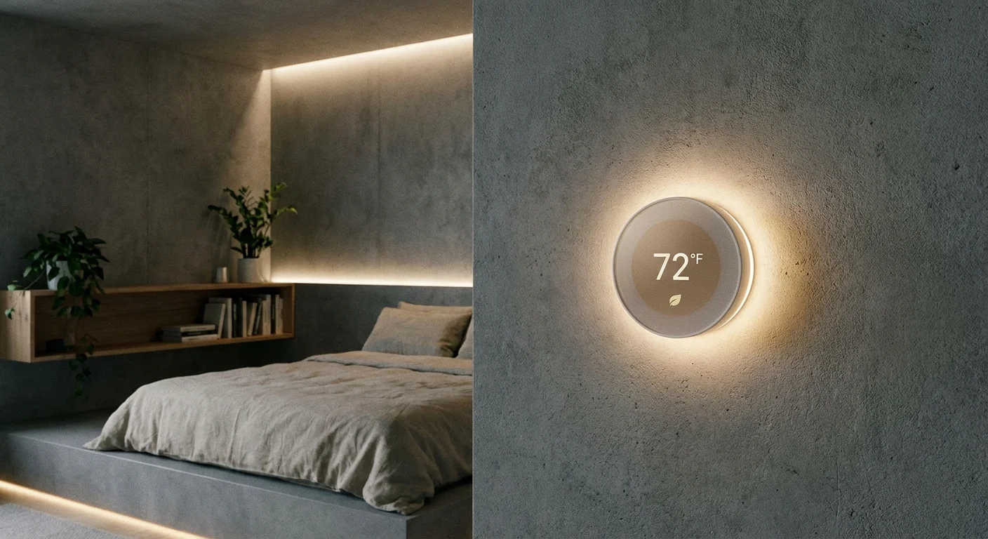 A sleek smart thermostat on a wall in a dim, modern bedroom setting.