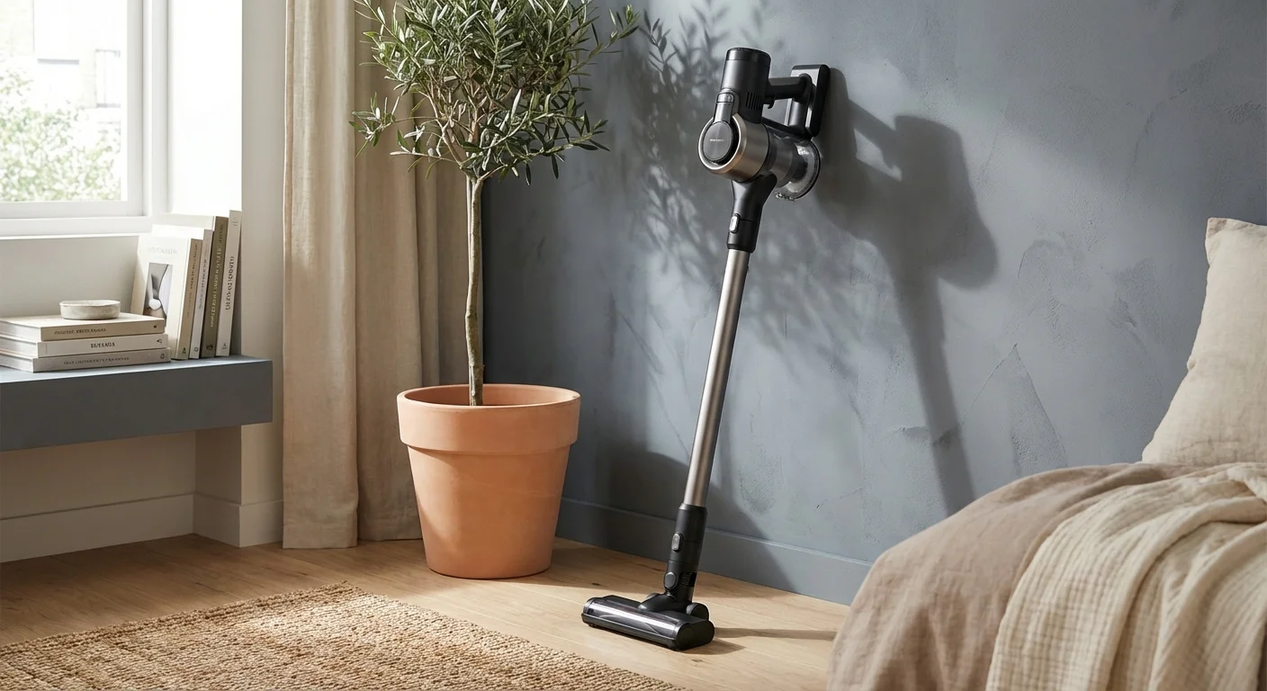 A sleek vacuum cleaner stored neatly in a minimalist home corner next to a potted plant and soft natural light.