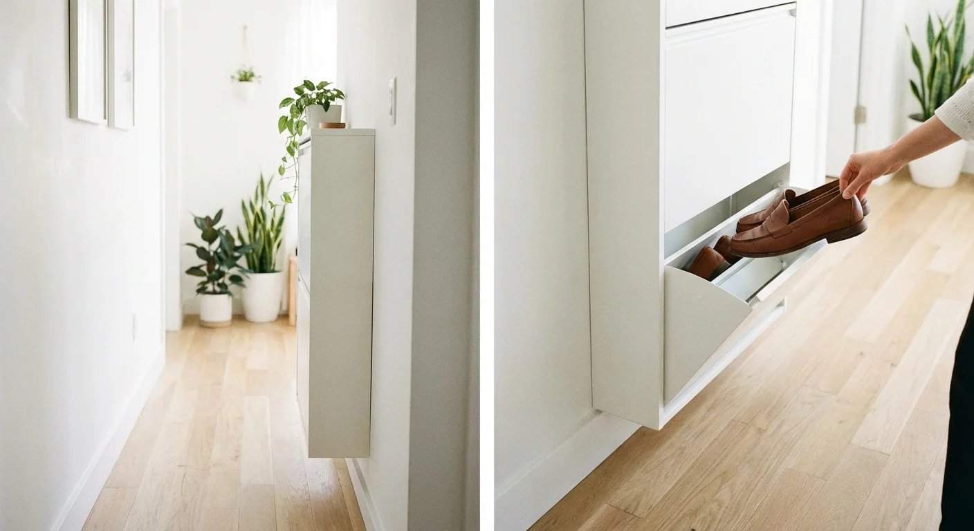A slim white shoe cabinet in a narrow hallway with shoes inside.