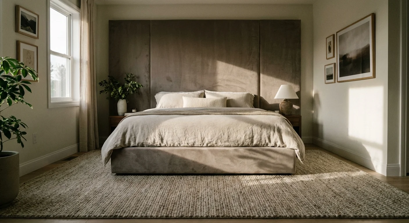 A small bedroom featuring a large area rug and a tall statement headboard to create an illusion of space.