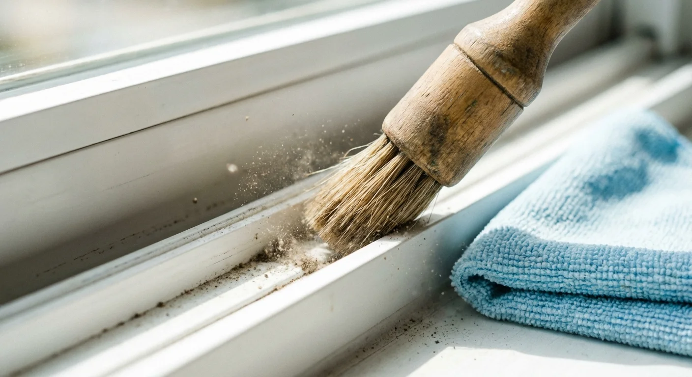 A small brush cleaning dirt out of a white window track.