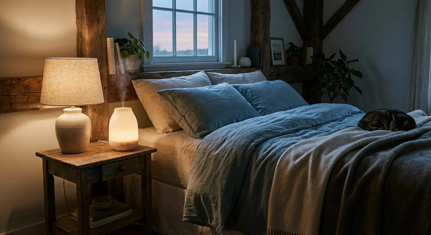 A small humidifier on a nightstand in a peaceful, dimly lit bedroom with blue linen bedding.