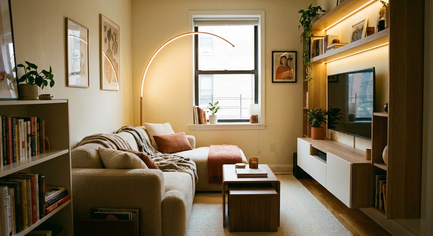 A small living room layout featuring an arc floor lamp providing light over a sofa.