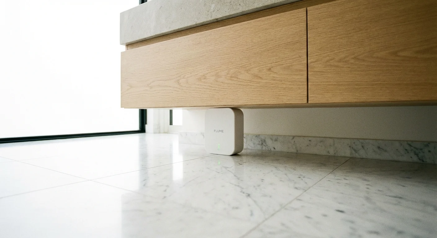 A small smart water leak detector placed discreetly under a modern bathroom sink.