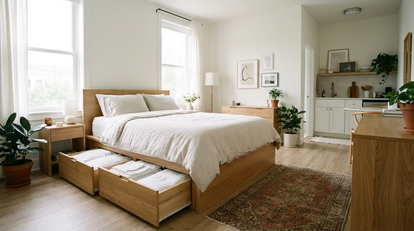 A small, well-organized bedroom featuring a bed with integrated storage drawers for linens.